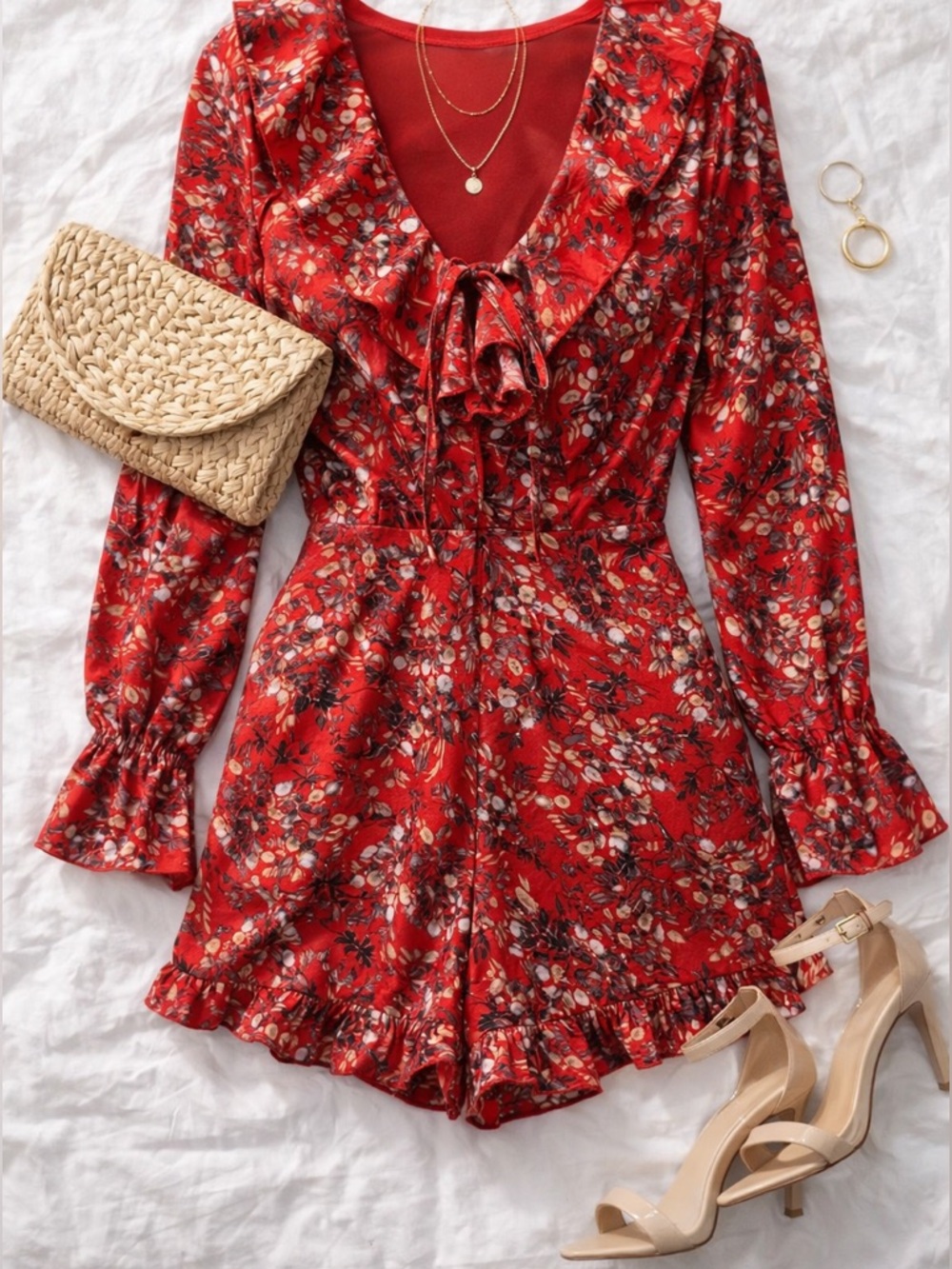 Parisian Red Floral Romper Size 8 | Ruffle Tie Front Long Sleeve Dressy Romper